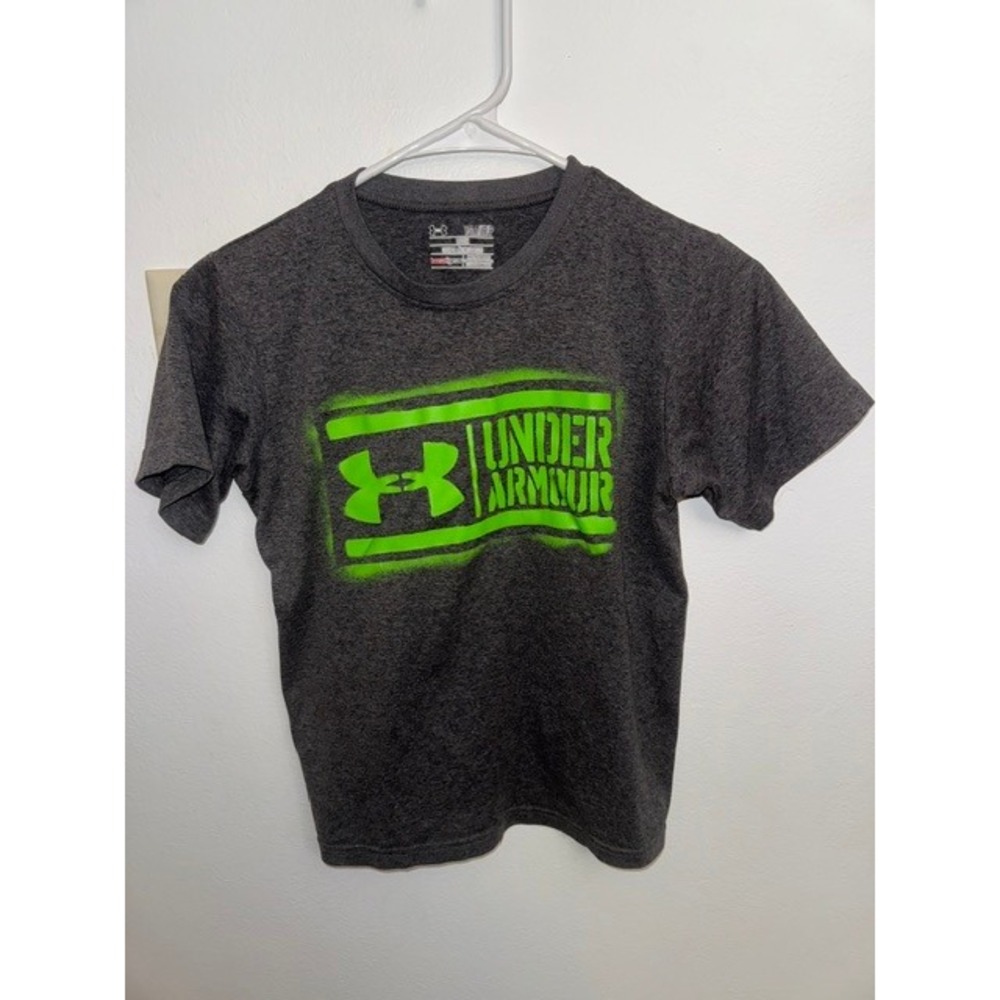 Under Armour Kids HeatGear Graphic Tee Charcoal Gray Neon Green Logo YSM (E)